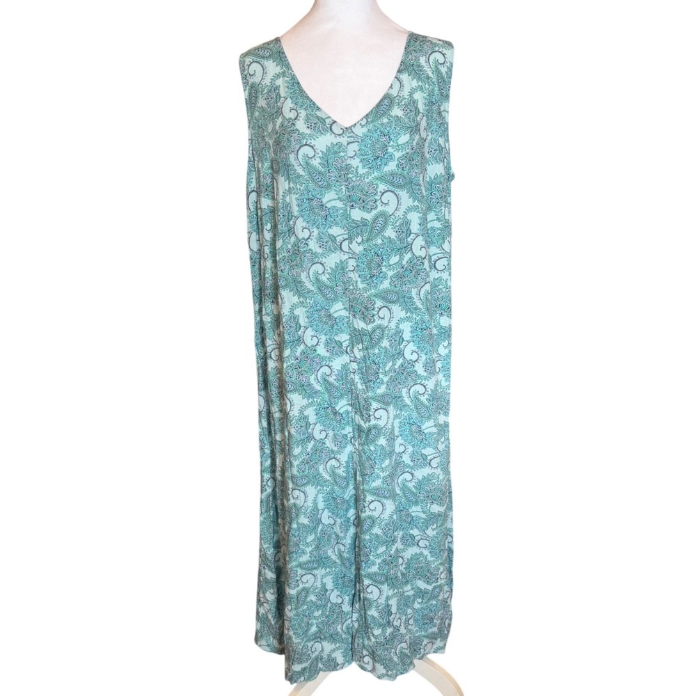 Pure Jill XL Teal Paisley Linen Blend Sleeveless V-Neck Maxi Dress Relaxed Fit